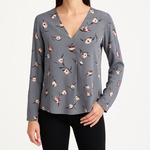 Banana Republic Slate Gray Floral Blouse V-Neck Long Sleeve Top Size Small